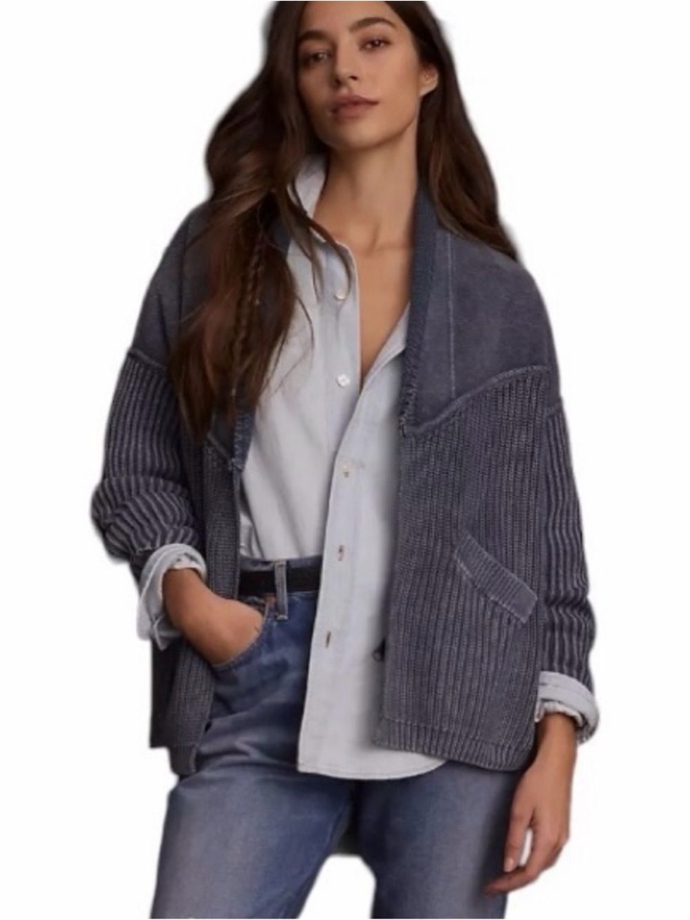 Pilcro Anthropologie Acid Wash Cozy Chunky Ribbed Open Cardigan M